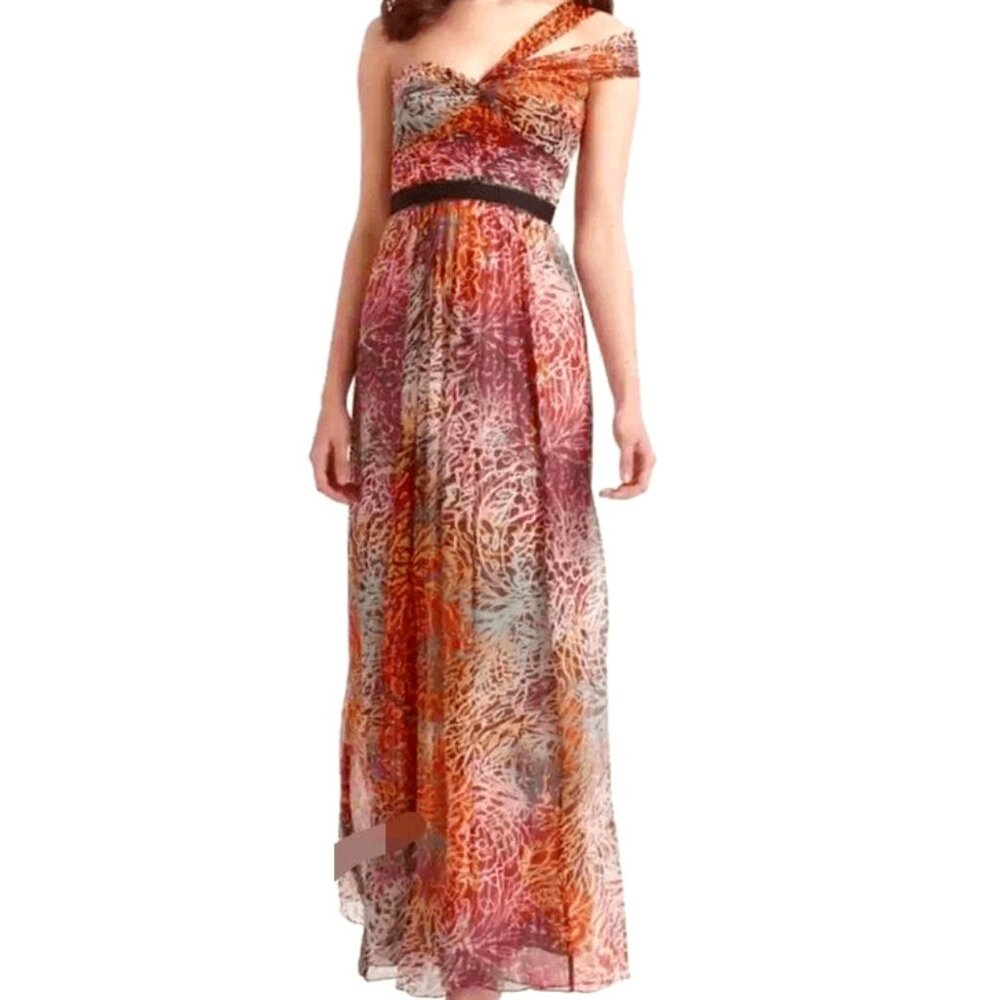BCBGMaxAzria Inga One-Shoulder Halter Silk Maxi Dress in Begonia Multi Size 8